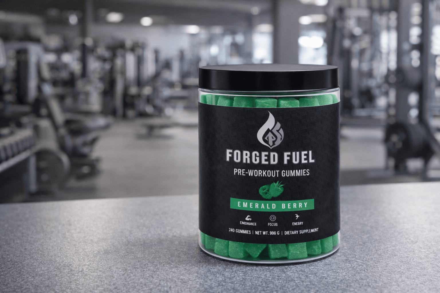 Forged Fuel jar on a gym countertop